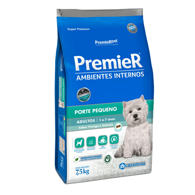 Ração Premier Ambientes internos. Porte peq. 7,5 kg Sabor frango